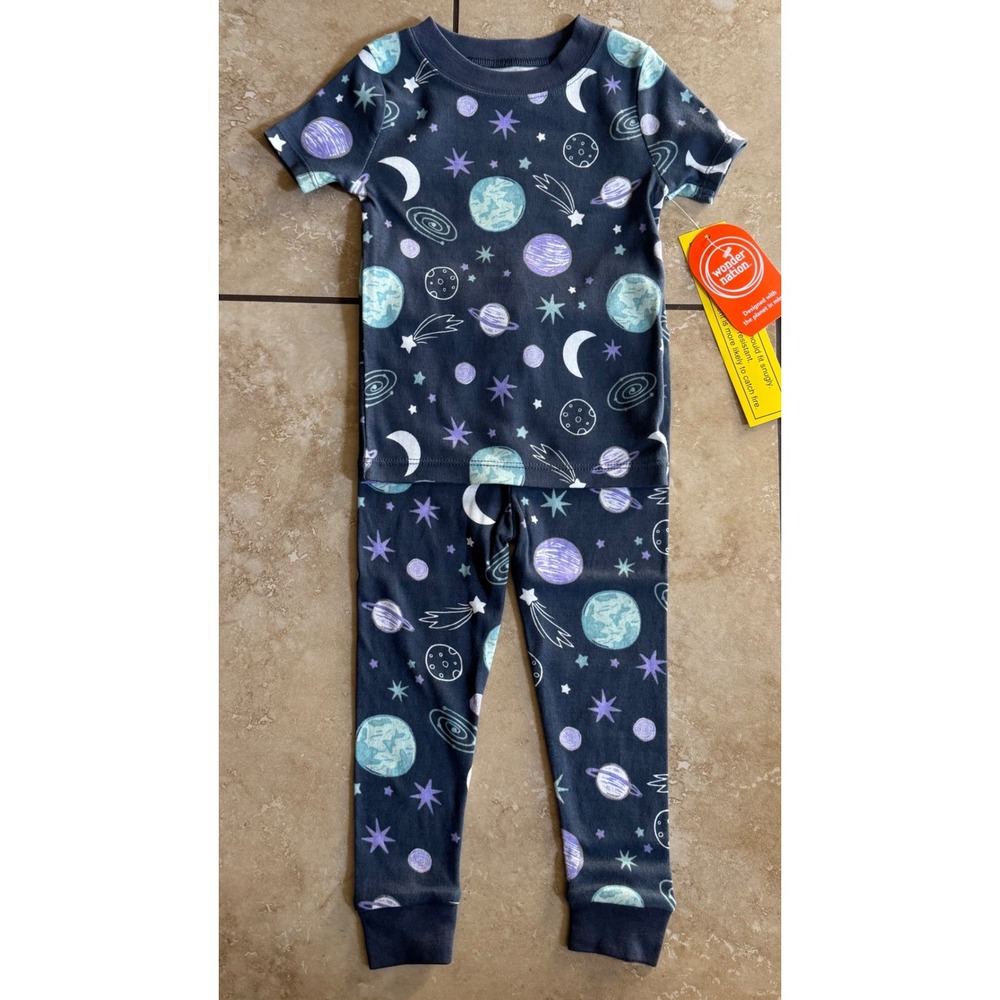 Wonder Nation Pajama Set Kids 2T Outer Space Planets Cotton Snug Fit NEW